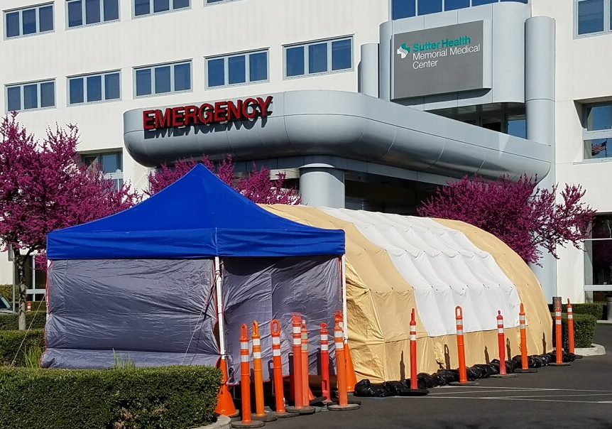 Exterior view of surge tent at Memorial Medical Center