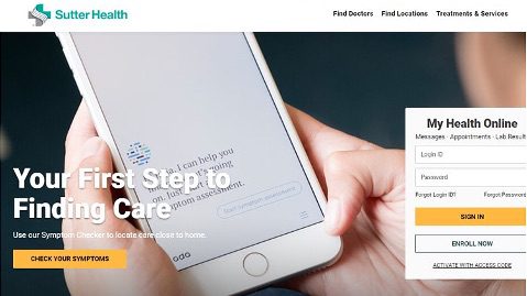 Sutter Health website homepage with a symptom checker
