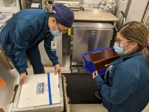 Two female pharmacy workers unbox Pfizer's COVID-19 vaccine shipment