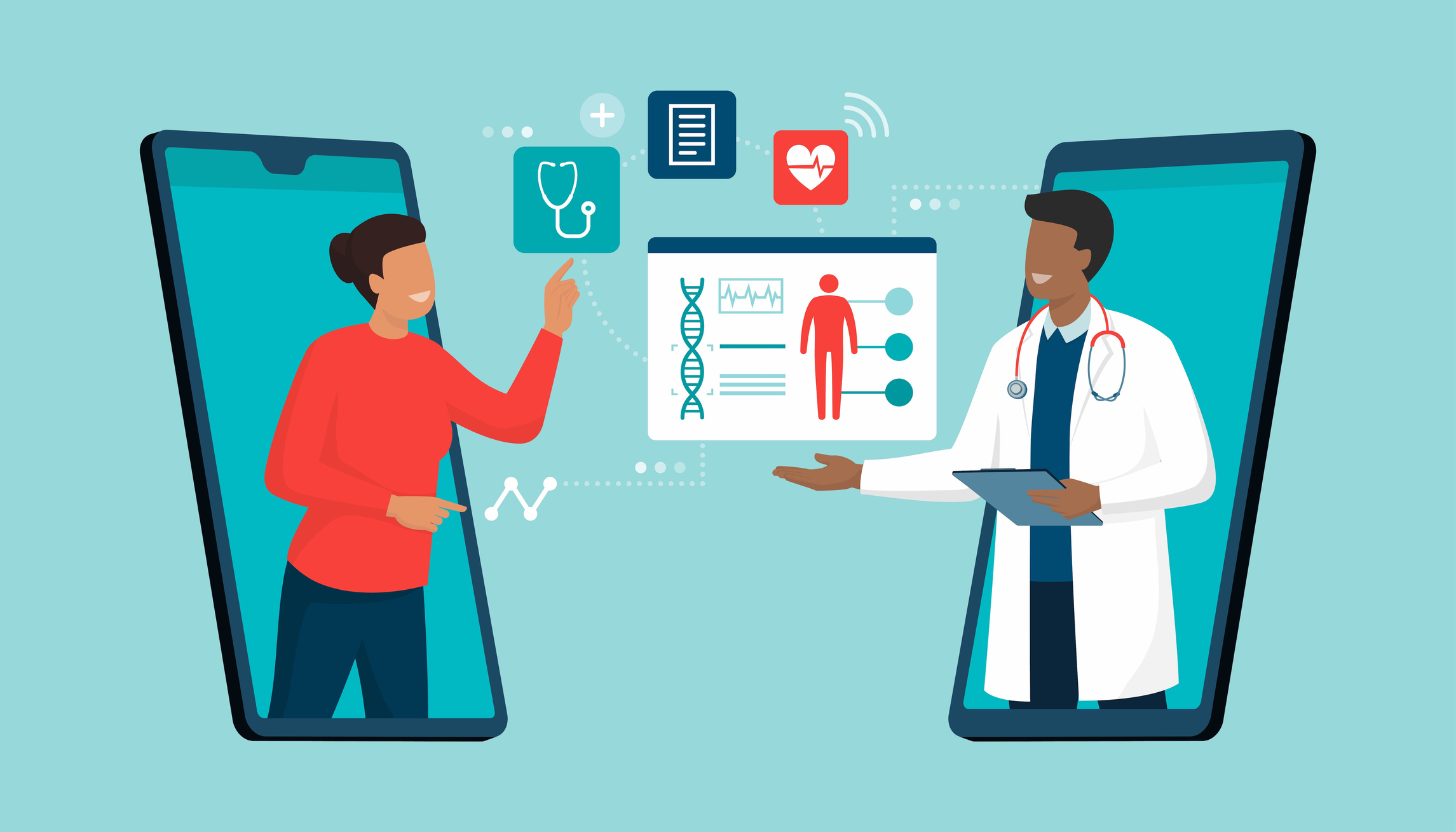 Illustration of online doctor and telemedicine: woman connecting with a doctor online using a smartphone app and having a professional medical consultation