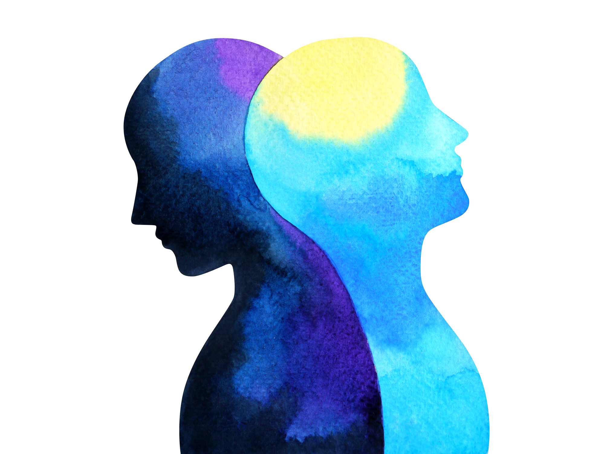 Blue, purple and yellow watercolor painting illustration showing two human figures leaning against each other back to back