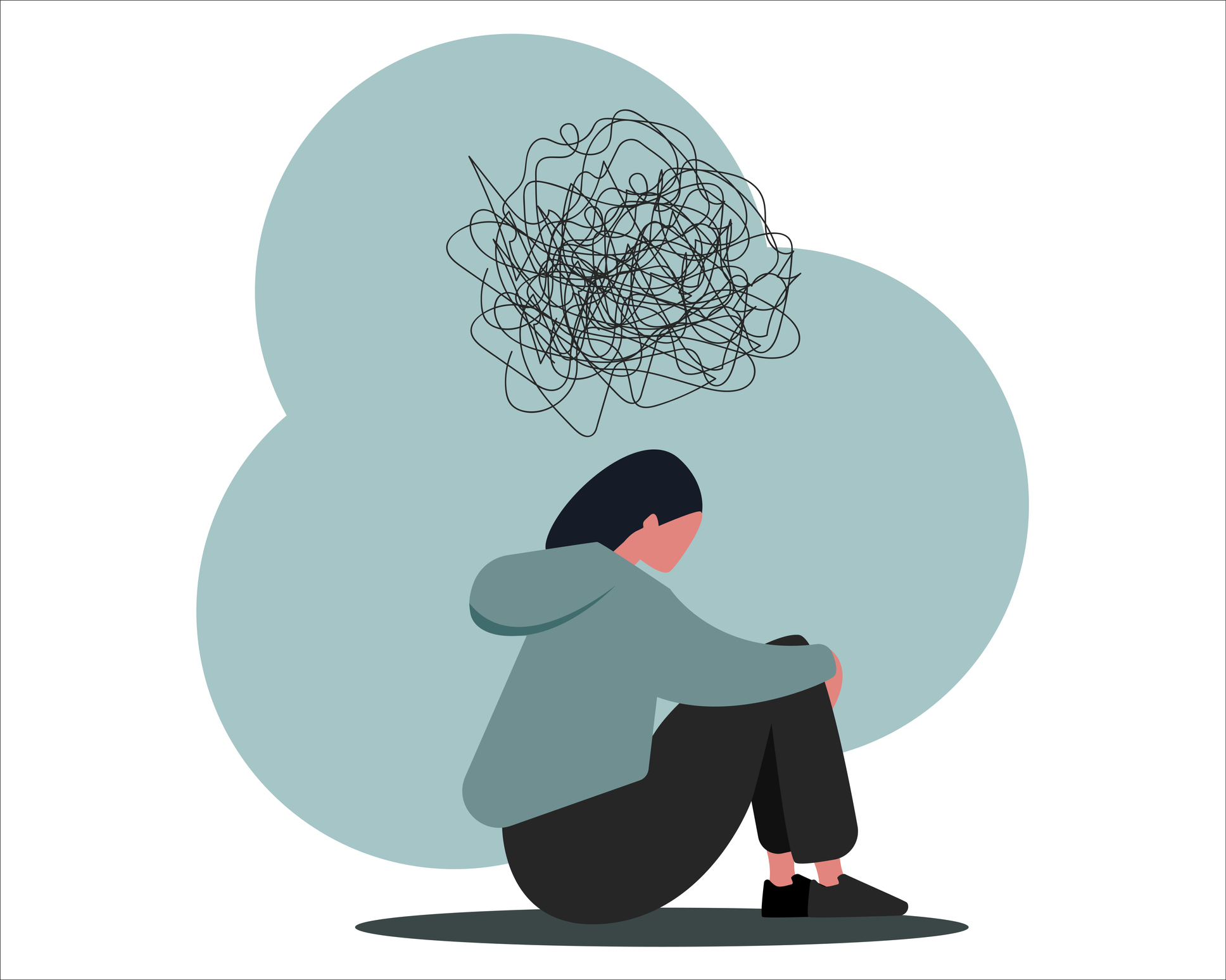Depressed young person looking isolated with scribbly thought cloud above them vector illustration in flat style