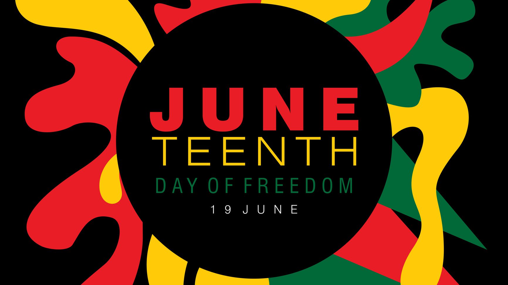 Juneteenth graphic image with simple typography on a splash of abstract designs in national colors