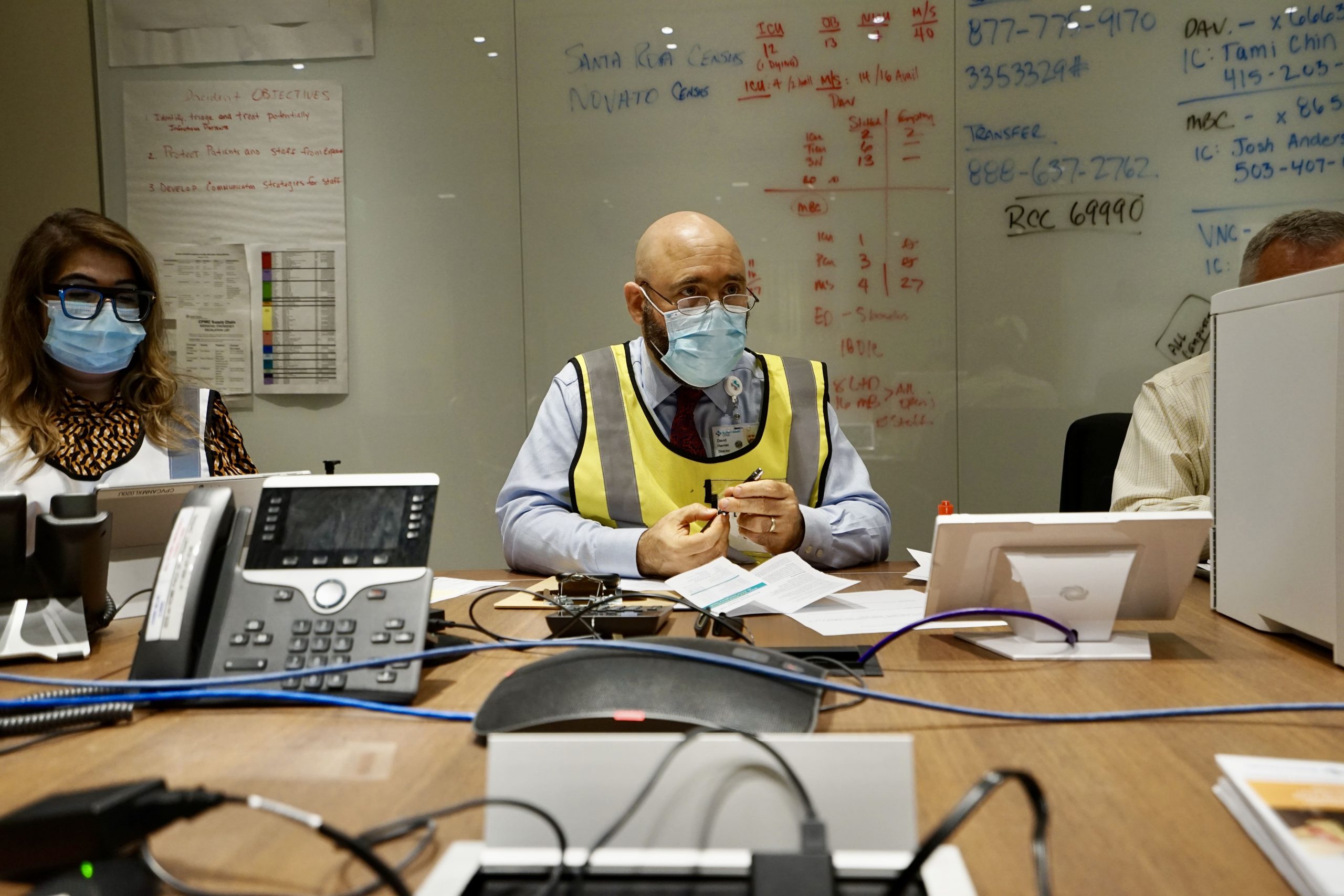 A "player" in the Incident Command Center is busy coordinating logistics as a receiving hospital during the evacuation exercise. 