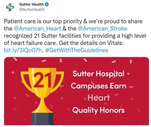 Twitter post of Sutter heart honors.