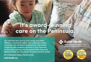 Ad for Mills-Peninsula Medical Center featuring parent, baby and older sibling.