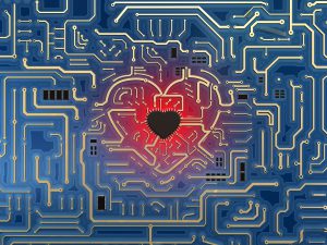 Heart surrounded by electronic computer circuits.