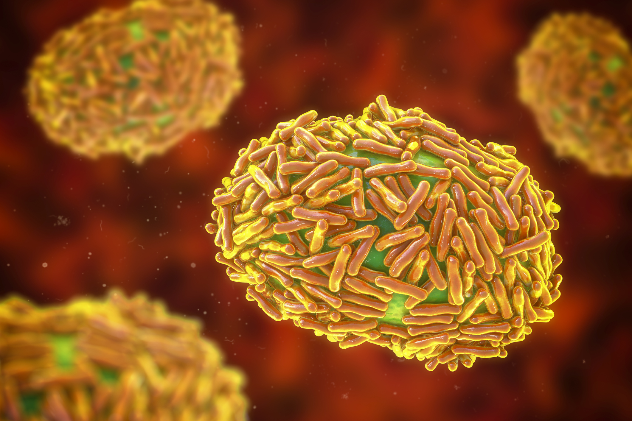 3D illustration of monkeypox virus with red, yellow and green colors