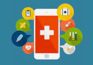 Graphic design of colorful mobile phone surrounded by healthcare apps