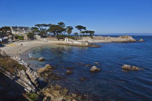 Ocean Cove on Monterey Coast in California with sand, water, rocks, and trees