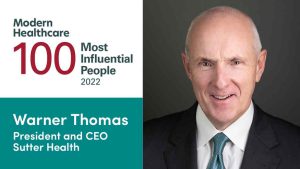 Stylized graphic featuring Warner Thomas headshot and his Modern Healthcare honor of 100 Most Influential in Healthcare 2022