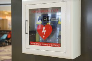 Automated External Defibrillator(AED) on the wall.