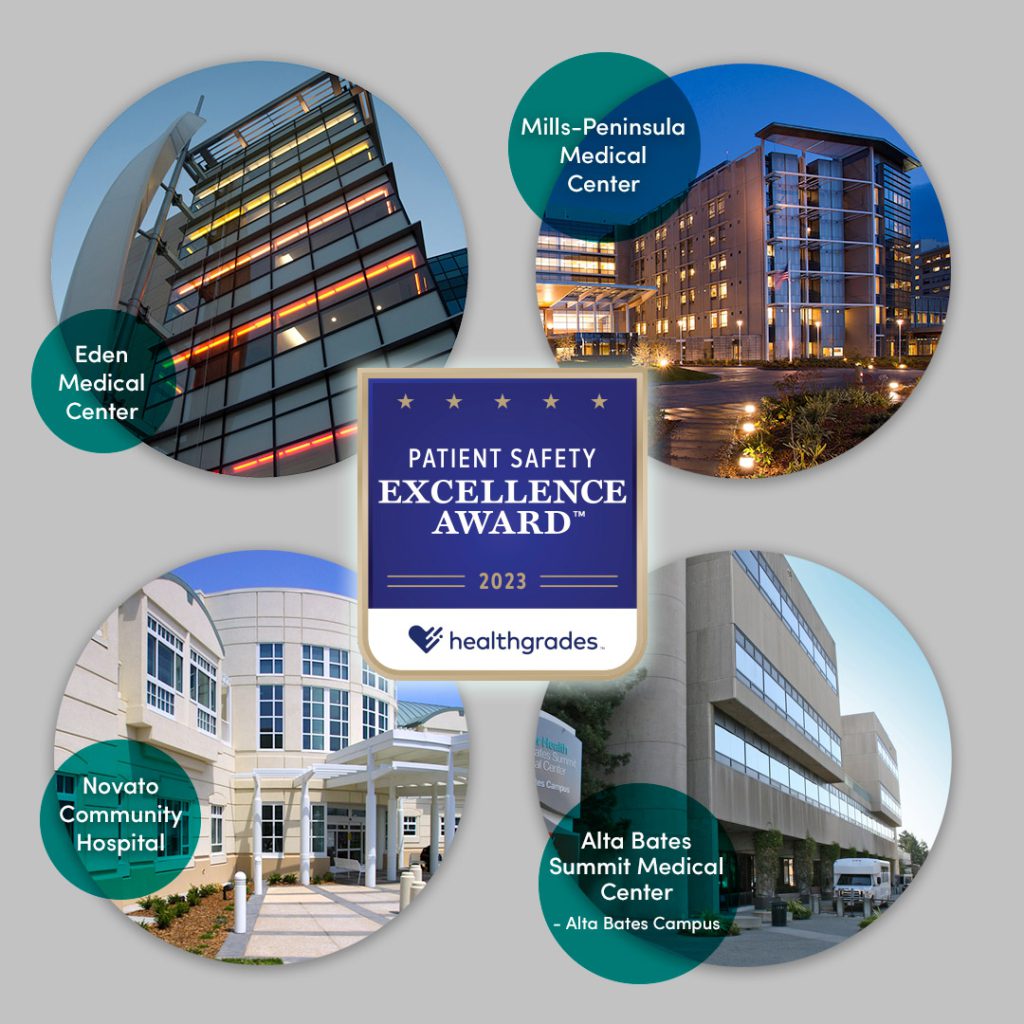 Graphic with Healthgrades Patient Safety badge in the middle and four hospital facades in the four corners