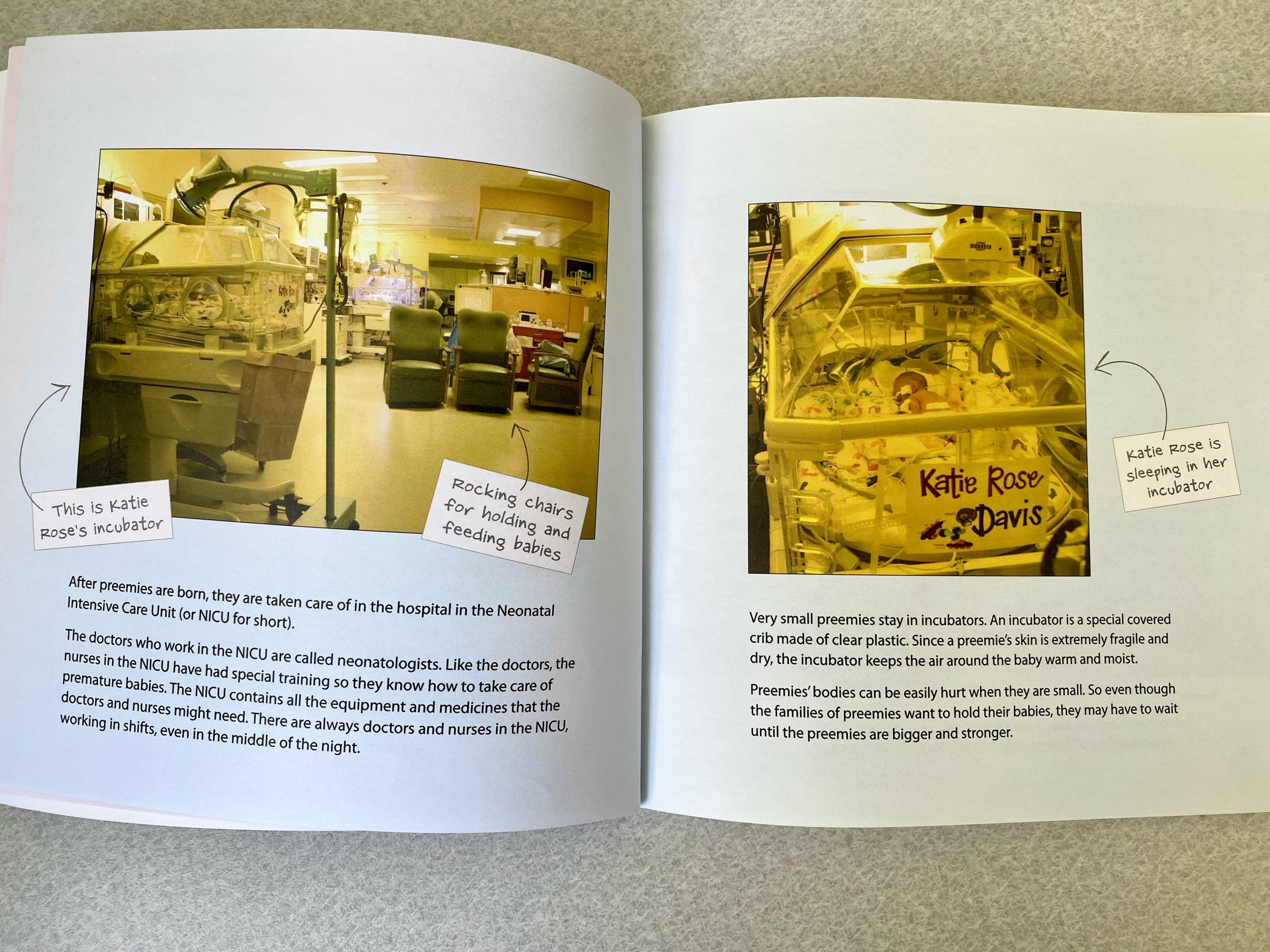 An open book shows photos of a newborn in an incubator with words to describe the scene. 