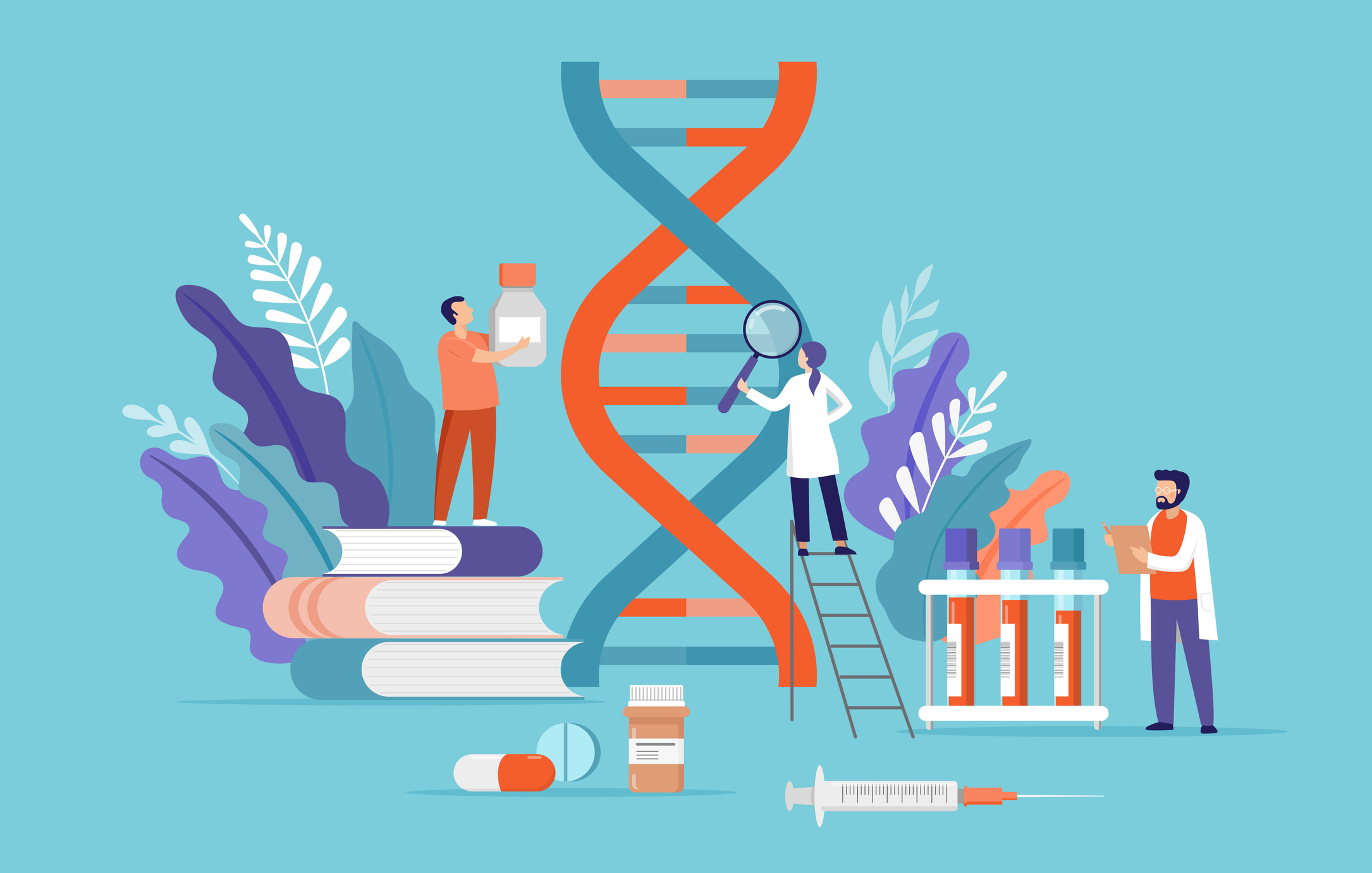 Illustration: Research scientist. Science laboratory, chemistry scientists and clinical lab. Medical research items, clinical science laboratories experiments. DNA, genetic test concept vector illustration