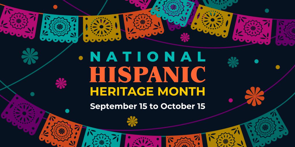 Hispanic heritage month. Vector web banner, poster, card for social media, networks. Greeting with national Hispanic heritage month text, Papel Picado pattern, perforated paper on black background