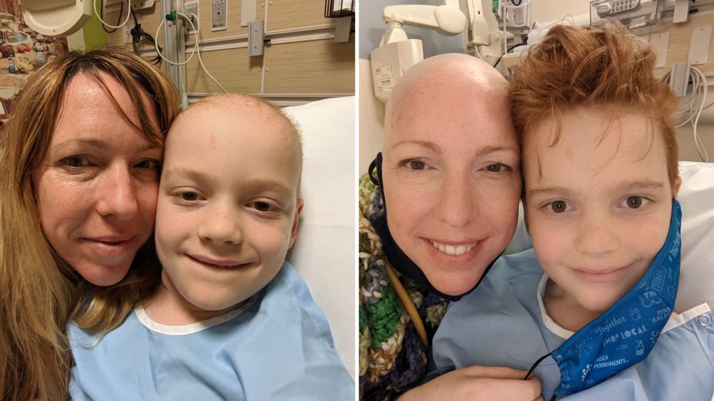 A split picture of Shawna Majerus and Elec Majerus on their separate cancer battles.