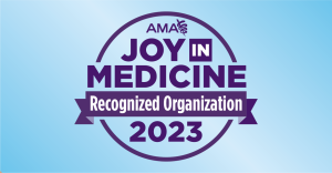 Graphic that reads AMA Joy in Medicine recognized organization 2023