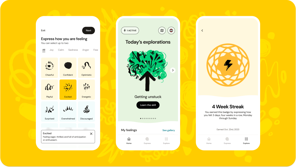 Graphic treatment with yellow background featuring three screen choices in the Scout by Sutter Health app