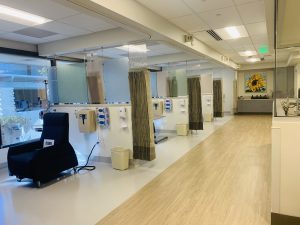 A series of bays inside a new infusion center containing all new equipment and furniture, and a framed sunflower picture at the end of the hall.