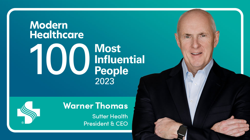 Graphic featuring headshot of Warner Thomas with logo for Modern Healthcare 100 Most Influential People award