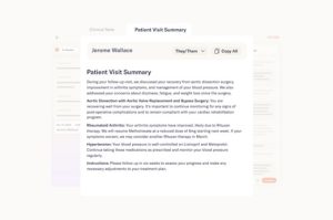A screengrab of an after-visit patient summary that has written details summarizing highlights from a patient visit to the doctor.