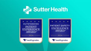 Social graphic with Patient Safety and Patient Experience award badges under the Sutter Health logo