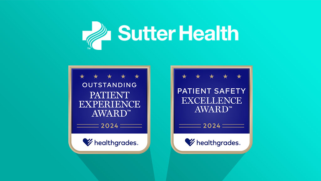 Social graphic with Patient Safety and Patient Experience award badges under the Sutter Health logo