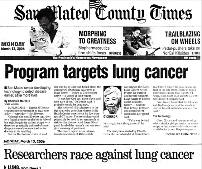 front page of San Mateo County Times with article headline that reads Program Targets Lung Cancer