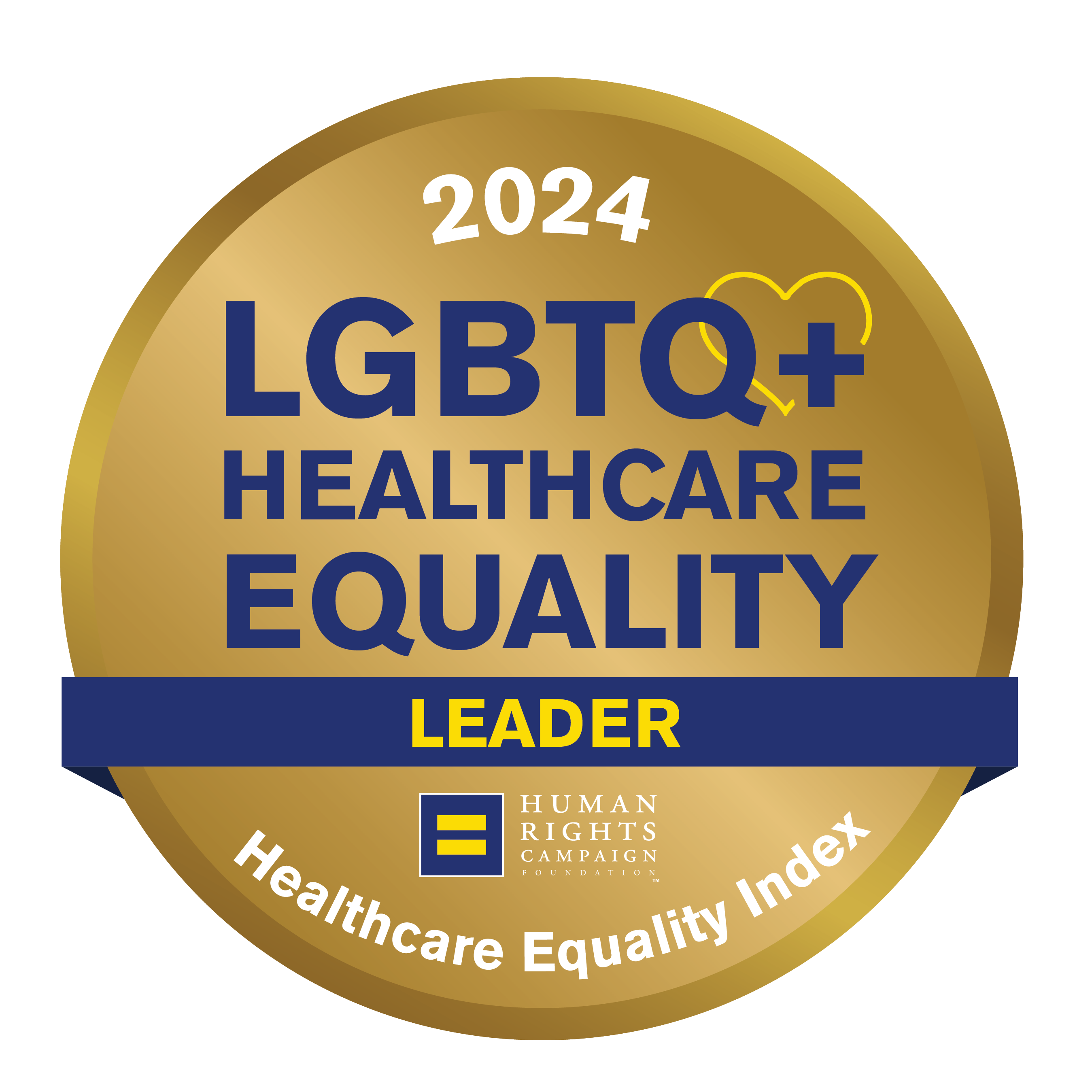 Graphic that looks like a gold coin and reads LGBTQ+ Healthcare Equality leader