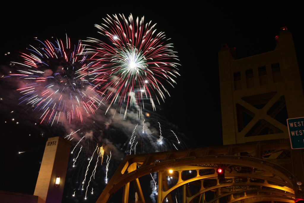 Fireworks over Sacramento near Tower Bridge