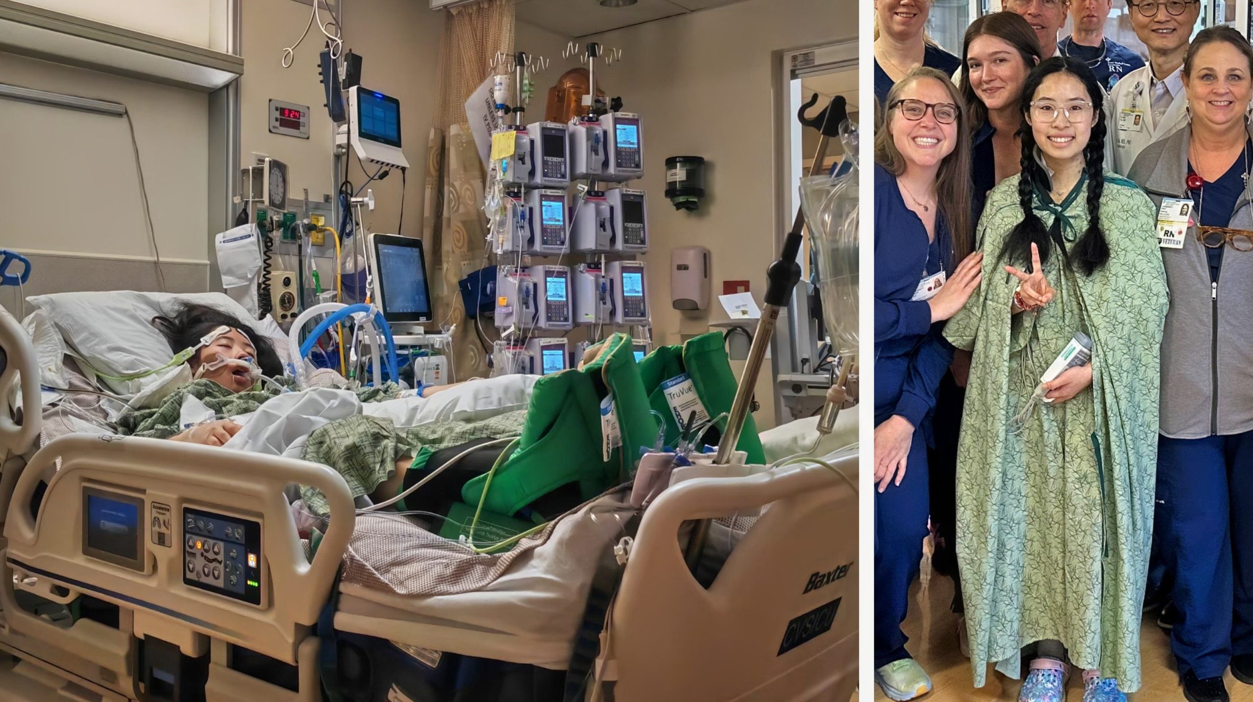 Girl in hospital bed and then smiling, having recovered