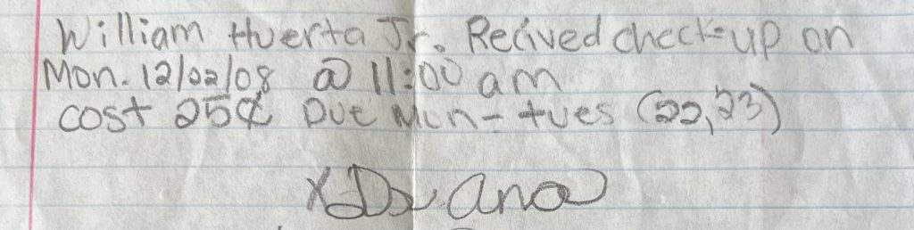 Handwritten note from child pretending she was a doctor