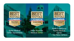 Graphic that shows the US News & World Report badge earned by Sutter Roseville, Sutter Medical Center Sacramento and Sutter's California Pacific Medical Center Van Ness Campus