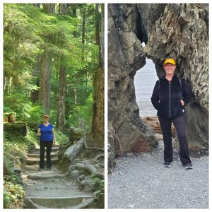 Collage of two photos showing woman posing in a forest and along the ocean coastline in front of a rock arch.