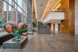 California Pacific Medical Center Van Ness Campus atrium with heart statue.