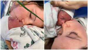 Two-photo collage of one mother nestled next to each of her twin babies separately