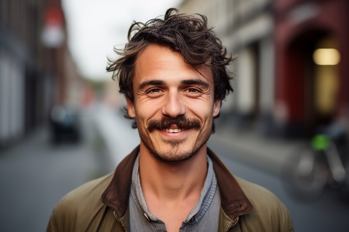 Man with moustache smiling in the city street.