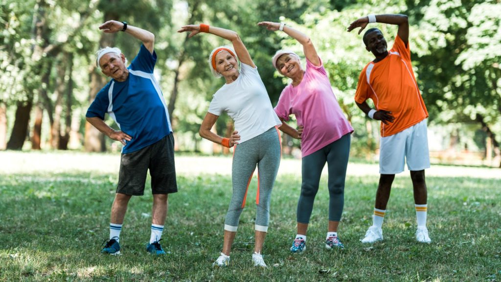 A group of people stretching in a park