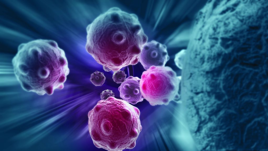 graphic illustration of 3D cancer cells featuring greens, blues and pinks