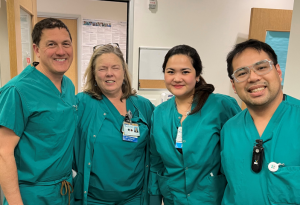 Dr. Kim and his team take a moment to smile after performing total shoulder replacement surgery at Sutter Health San Carlos Surgery Center.