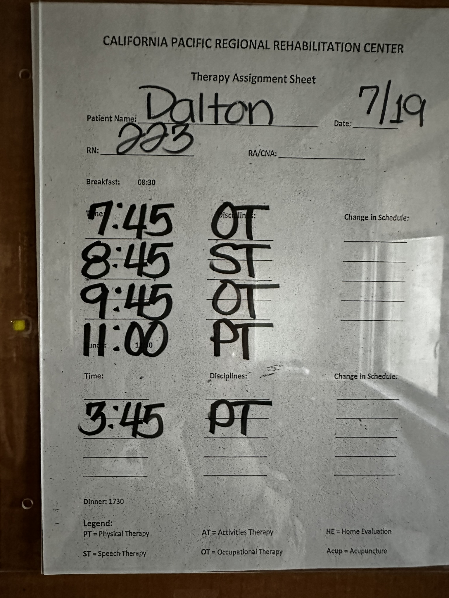 Patient schedule on whiteboard 