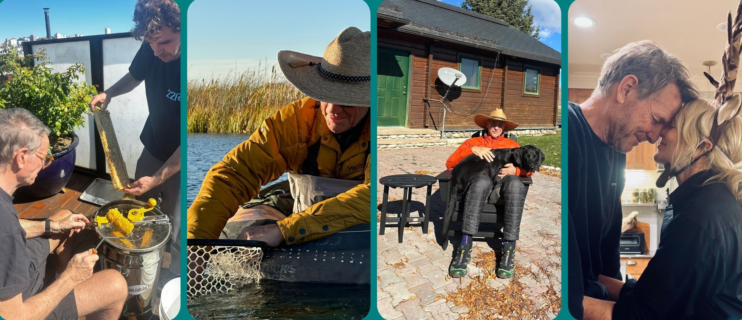 Picture collage of an older male pursuing activities with his family and in nature