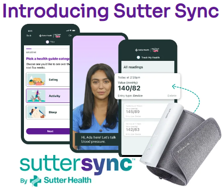 Graphic of phone and blood pressure cuff that reads introducing sutter sync