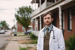 White maile with beard in three piece suit and tie and white lab coat and stethoscope stands outside rural health clinic on sidewalk