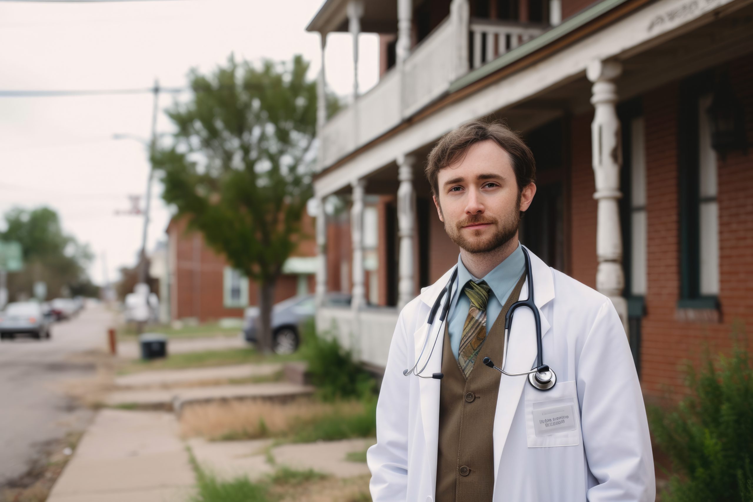 White maile with beard in three piece suit and tie and white lab coat and stethoscope stands outside rural health clinic on sidewalk