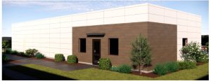 Rendering of building with brown brick and white tile and shrubs
