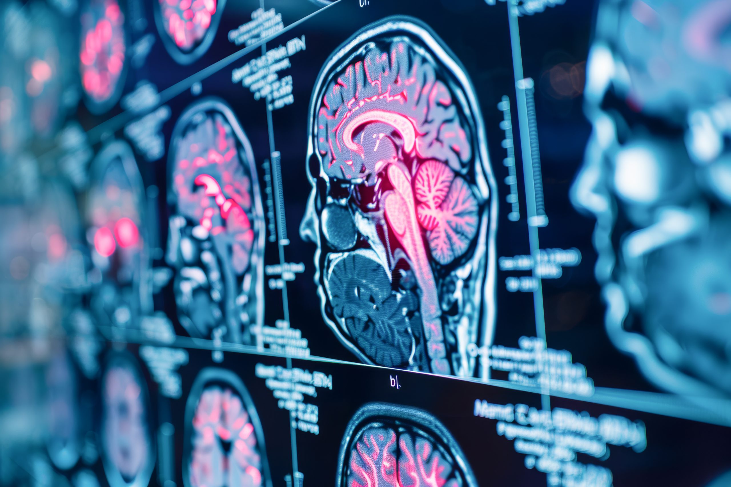 A close up of a brain scan with red and blue highlights