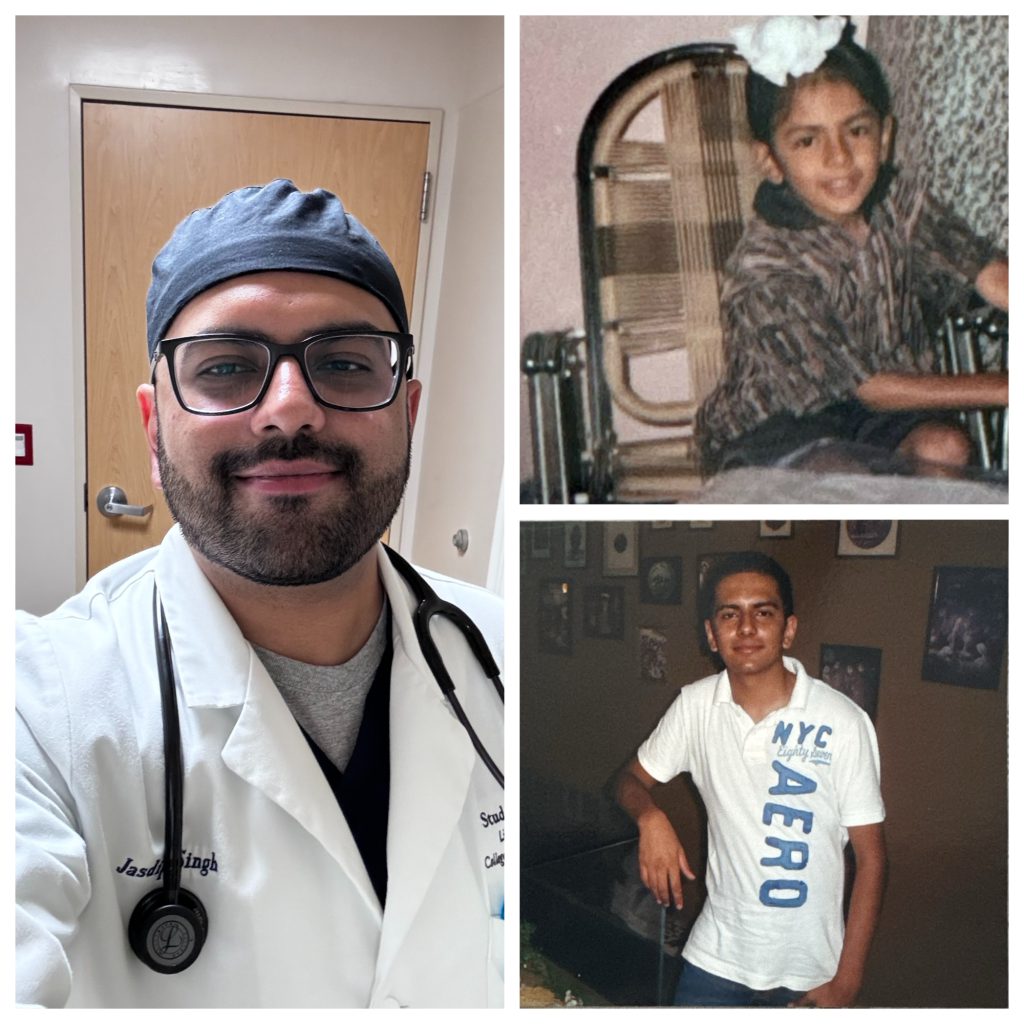 Photo collage of Southeastern Asian man as a boy a teenager and as a doctor in scrubs