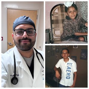 Photo collage of Southeastern Asian man as a boy a teenager and as a doctor in scrubs